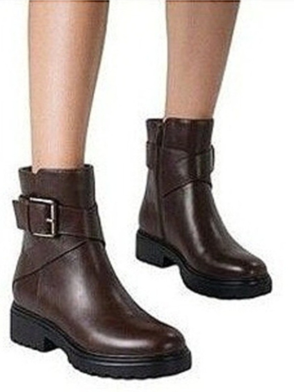 Unisa Brown Faux Leather Buckle Ankle Moto Boots